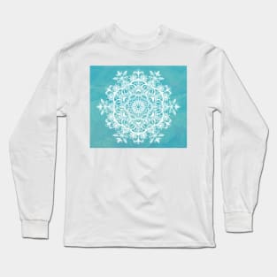 Teal Blue Flower Mandala Tapestry Pattern Long Sleeve T-Shirt